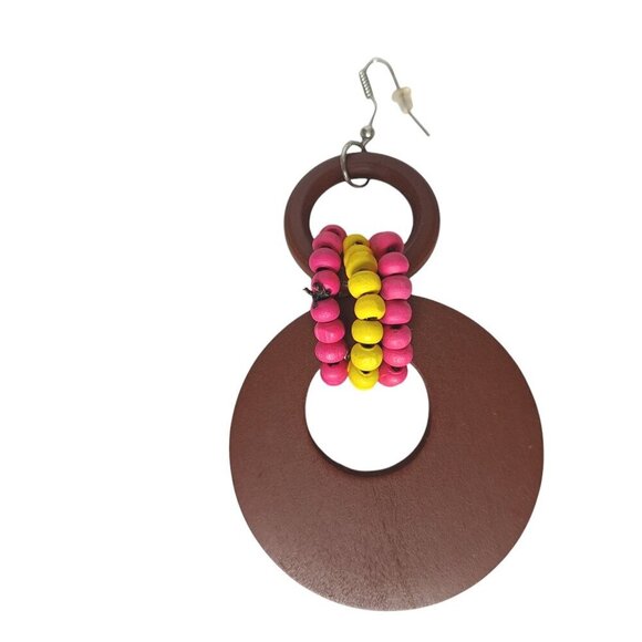 Chunky Brown Wooden Beaded Boho Beach Jamaican Dangle Earrings Costume Jewelry - Picture 3 of 4